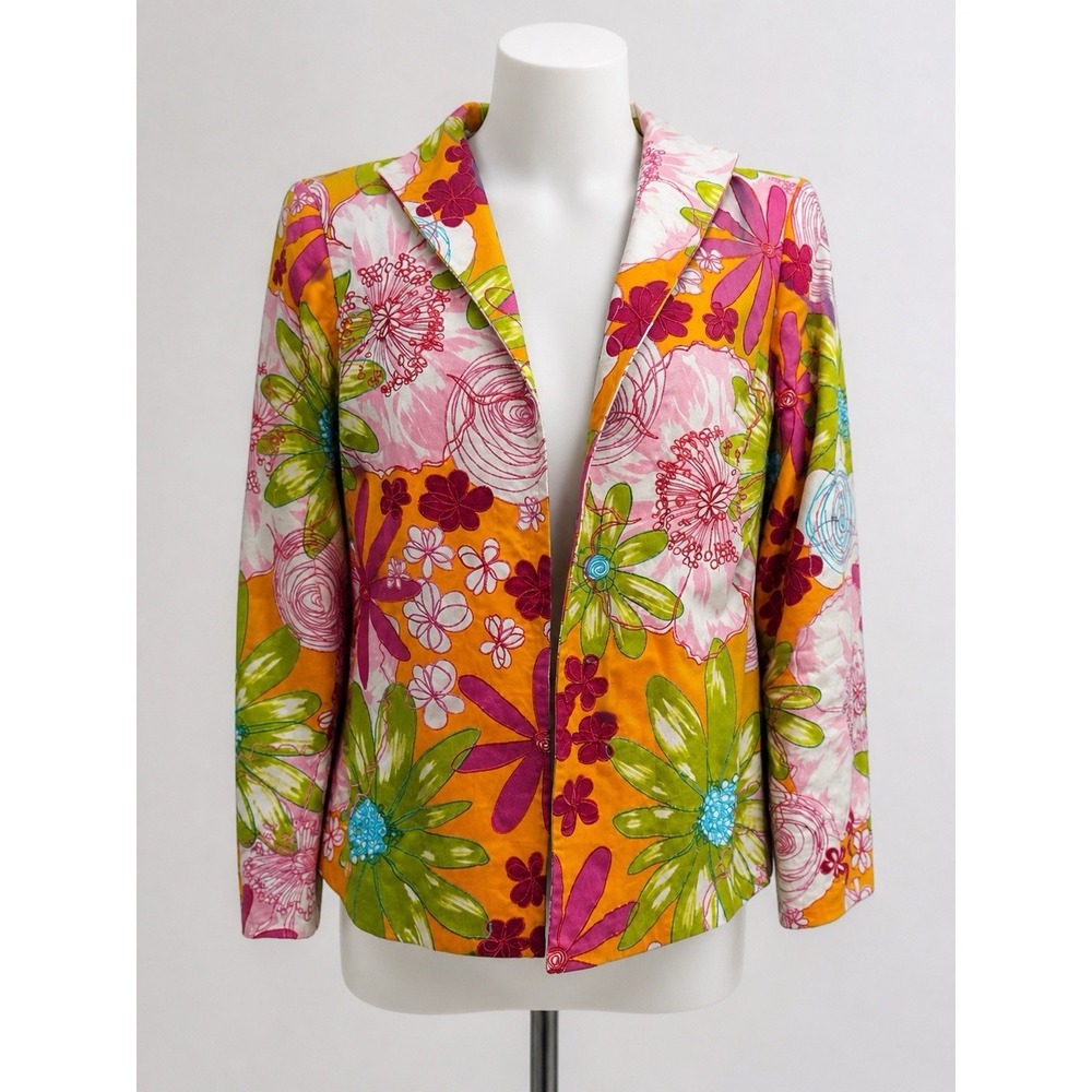 Pink & Orange Floral Blazer Jacket  Vibrant Coat Silk Club Women's Size L
